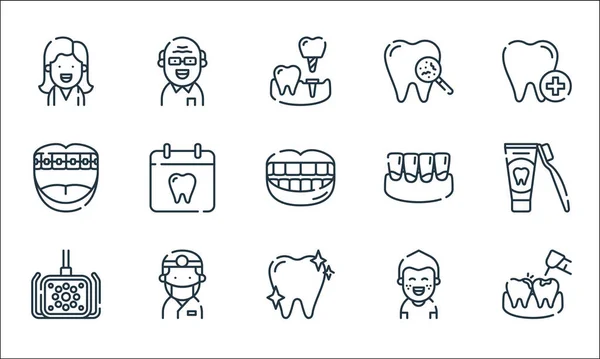 Zahnpflege Linie Symbole Lineares Set Qualitätsvektorlinienset Wie Hohlräume Sauberkeit Zahnarzt — Stockvektor
