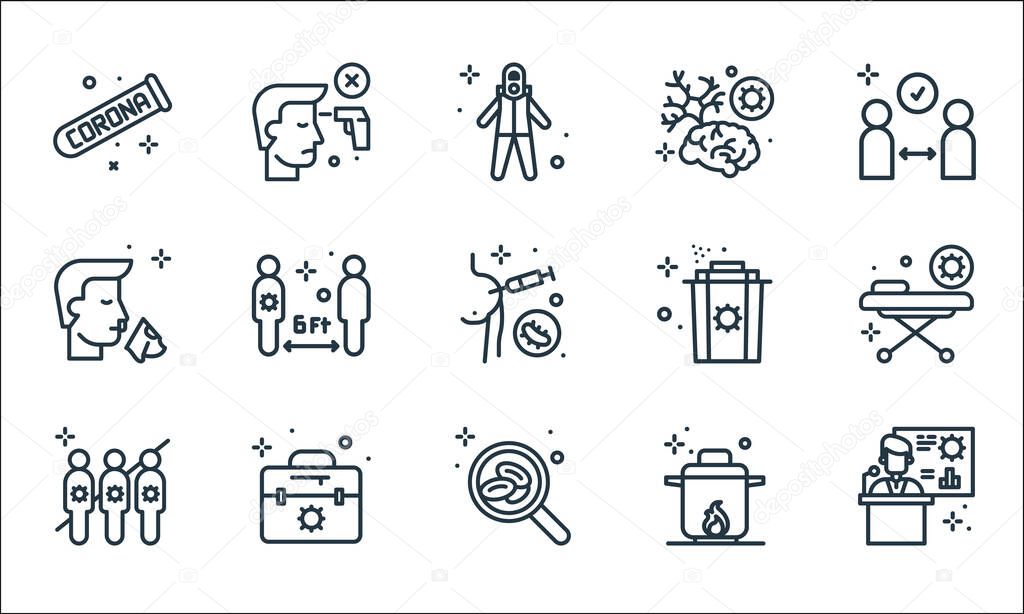 Coronavirus Line Icons Linear Set Quality Vector Line Set Such As Statistics Blood Cells Virus Transmission Boil Transportation Runny Nose Garbage Brain Fever Premium Vector In Adobe Illustrator Ai Ai