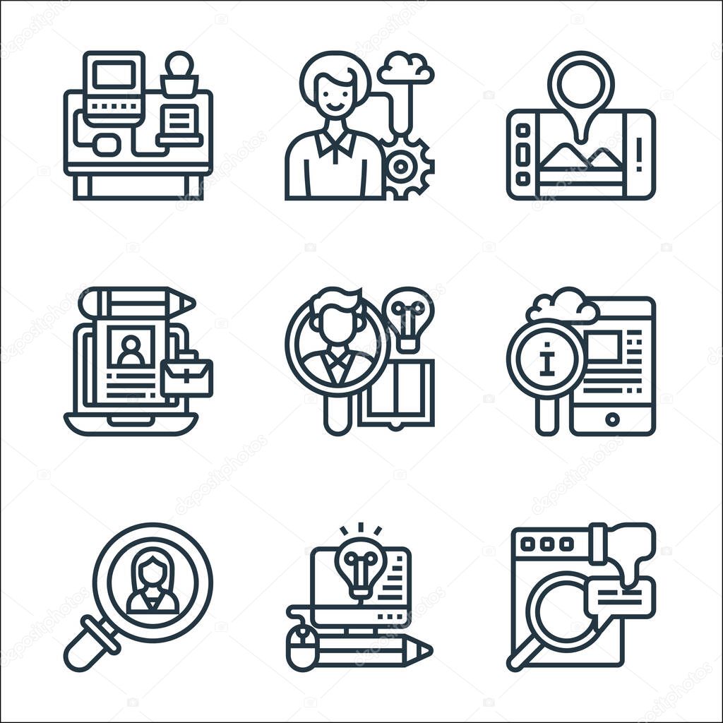 digital transformation line icons. linear set. quality vector line set such as problem solving, knowledge, focusing, information management, talent search, online resume, roadmap, characteristic
