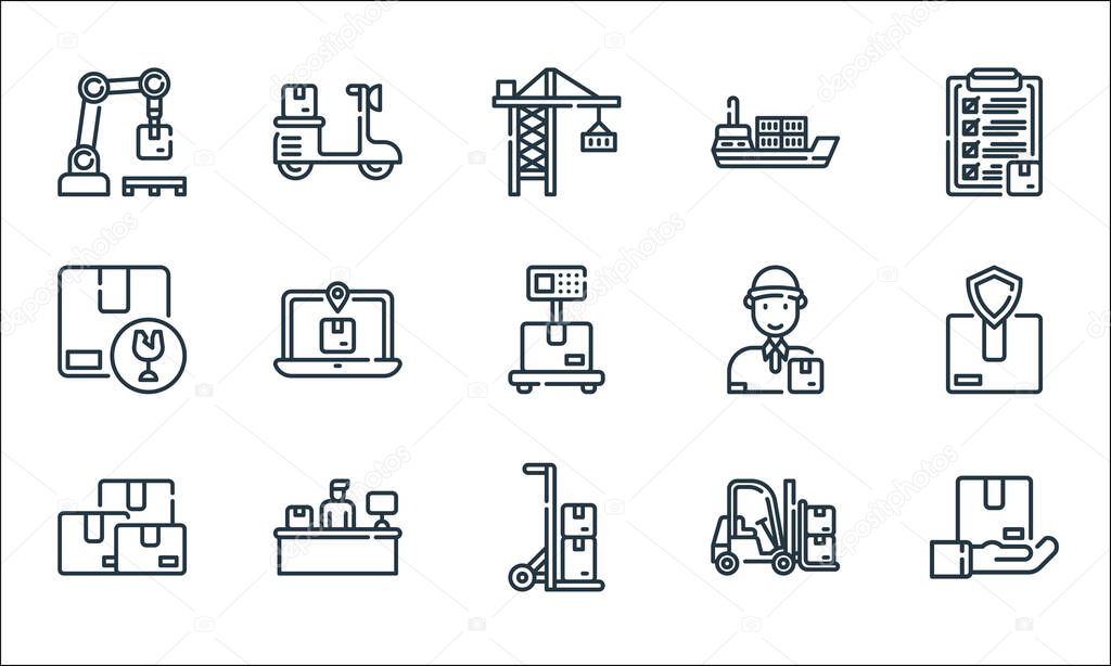 logistic and delivery line icons. linear set. quality vector line set such as delivery, cart, parcel, forklift, desk, fragile, delivery man, ship, scooter