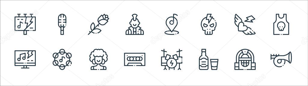 rock n roll line icons. linear set. quality vector line set such as trumpet, whiskey, cassette tape, tv show, tattoo, rose, location, microphone