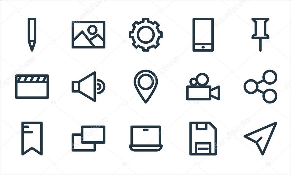 multimedia line icons. linear set. quality vector line set such as send, laptop, tag, save, copy, video, video camera, phone, image