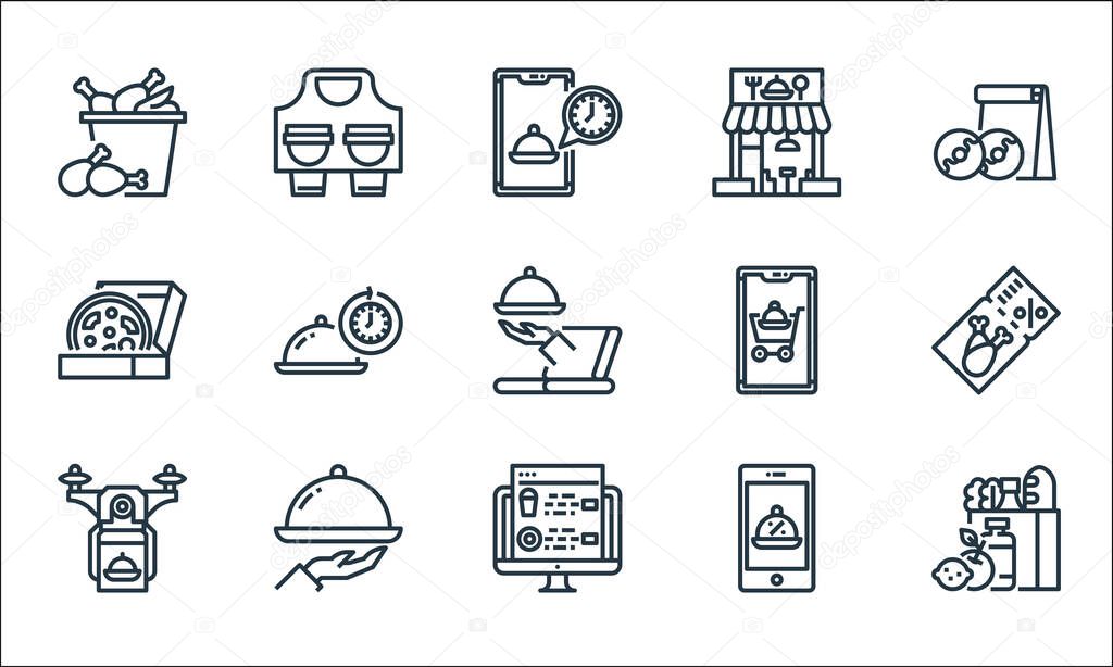 food delivery line icons. linear set. quality vector line set such as grocery, website, drone, promotion, tray, pizza, add cart, shop, take away