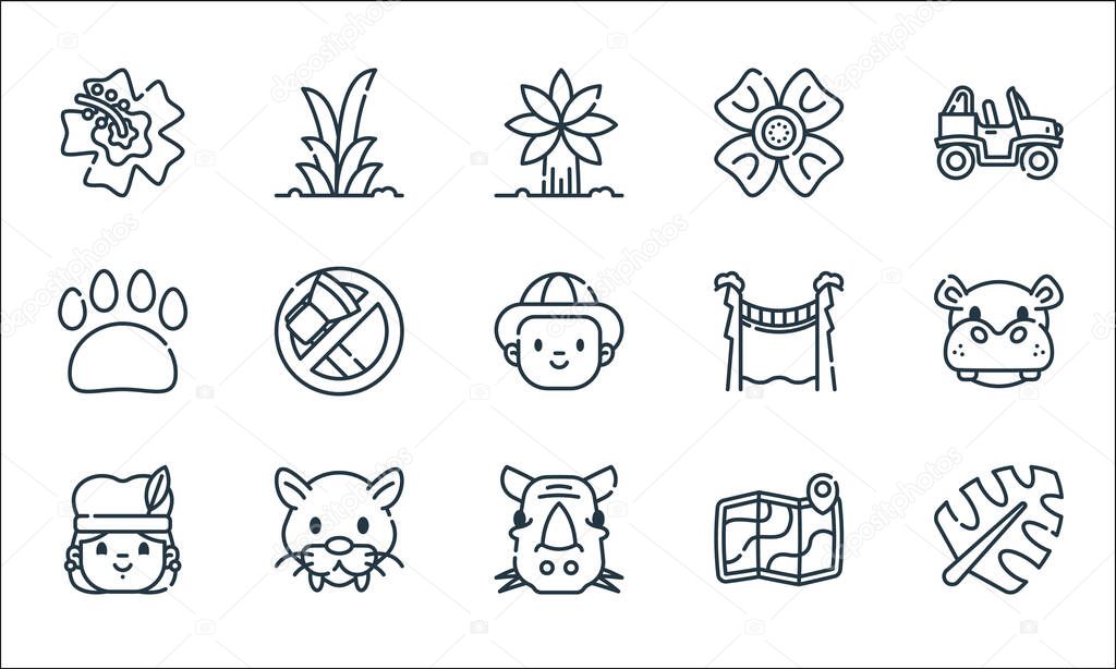 jungle line icons. linear set. quality vector line set such as leaf, rhinoceros, aborigin, map, panther, pawprint, bridge, flower, plant