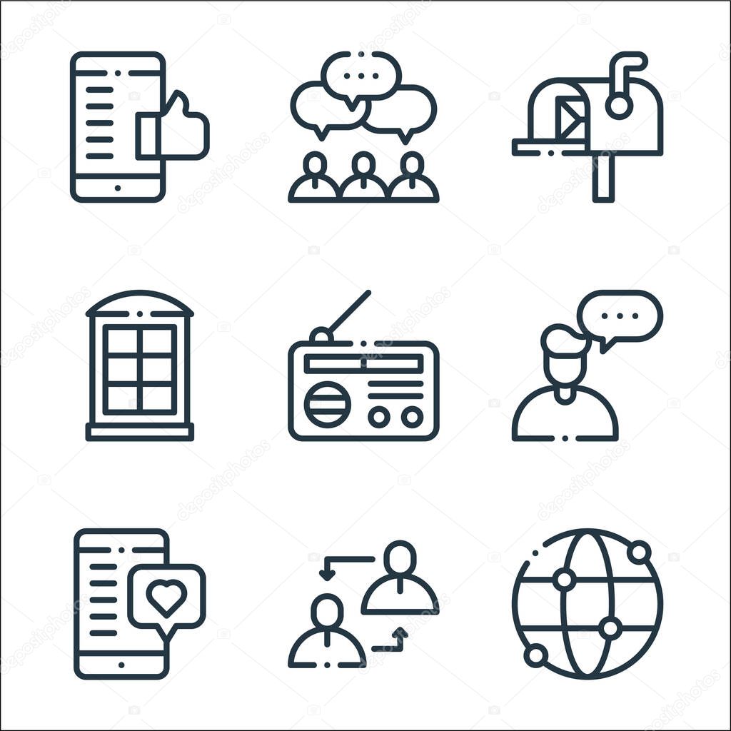 communication line icons. linear set. quality vector line set such as worldwide, communication, chat, user, radio, phone booth, mailbox, team