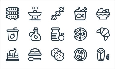 Gastronomi çizgisi simgeleri. Doğrusal küme. Burrito, kurabiye, krep, mantar, pirinç, yoğurt, pizza, bufalo ve güveç gibi kalite vektör dizileri