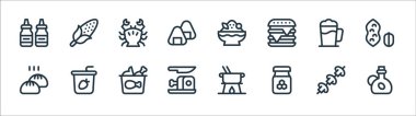 Gastronomi çizgisi simgeleri. Doğrusal küme. Kaliteli vektör çizgisi: zeytin yağı, bal, jambon bacağı, baozi, kakao, yengeç, tıraşlı buz, mısır...