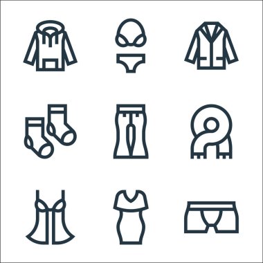 Çamaşır çizgisi simgeleri. Doğrusal küme. İç çamaşırı, elbise, bebek bebeği, eşarp, pantolon, çorap, takım elbise gibi kalite vektör çizgisi