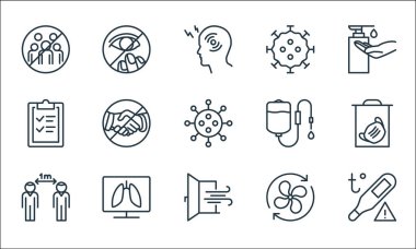 Virüs çizgisi simgelerini durdur. Doğrusal küme. Sıcaklık, pencere, mesafe, fan, akciğerler, pano, düşürücü, koronavirüs, göz gibi kalite vektör çizgisi