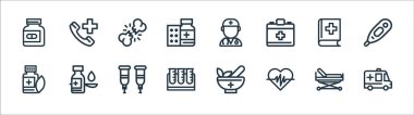 Tıbbi araçlar çizgisi simgeleri. Doğrusal küme. Ambülans, kalp atışı, test tüpü, bitkisel, tıp kitabı, çarpma, doktor, acil durum çağrısı gibi kalite vektör dizileri