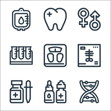 Tıbbi araçlar çizgisi simgeleri. Doğrusal küme. DNA, göz damlası, ilaç, x ışını, ağırlık ölçeği, test tüpü, cinsiyet, dişçi gibi kalite vektör dizileri