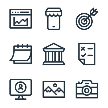 Dijital pazarlama çizgisi simgeleri. Doğrusal küme. Kamera, peyzaj, bilgisayar, test, banka, takvim, hedef, mobil depo gibi kalite vektör çizgisi