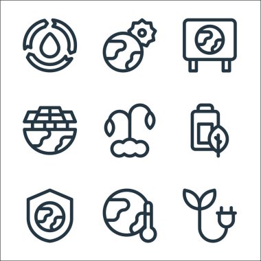 Toprak Ana çizgi simgeleri. Doğrusal küme. Enerji, küresel ısınma, kalkan, pil, filiz, güneş paneli, bayrak, dünya gibi kalite vektör çizgisi