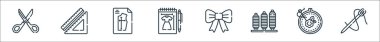 Dikiş çizgisi simgeleri. Doğrusal küme. İğne, nakış, iplik, kurdele, taslak, kalıp, cetvel gibi kalite vektör çizgisi kümesi