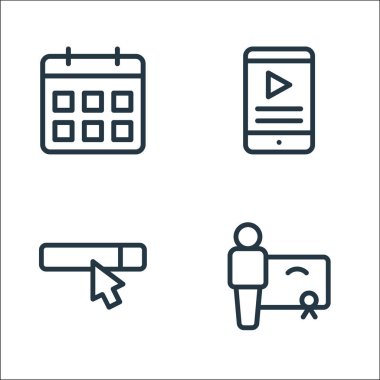 çevrimiçi öğrenme satırı simgeleri. Doğrusal küme. sertifika, arama çubuğu, akıllı telefon gibi kalite vektör çizgisi