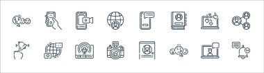 Sosyal medya çizgisi simgeleri. Doğrusal küme. Uyarı, üzgün yüz, kamera, abone, laptop, akıllı telefon, akıllı telefon, selfie gibi kalite vektör dizileri