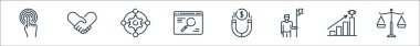 Yaşam becerileri çizgisi simgeleri. Doğrusal küme. Ölçekler, çubuklar, insan, mıknatıs, web tarayıcı, dişli, el sıkışma gibi kalite vektör çizgisi