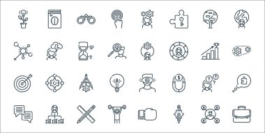 Yaşam becerileri çizgisi simgeleri. Doğrusal küme. Kaliteli vektör çizgisi portföy, vites, erkek, diyalog, kadın, bölücü, vites, kadın, kadın gibi