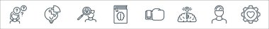 Yaşam becerileri çizgisi simgeleri. Doğrusal küme. Vites, insan, beyin, boks eldiveni, kitap, adam, ampul gibi kalite vektör dizileri