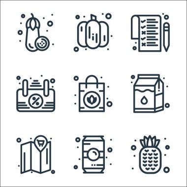 Market çizgisi simgeleri. Doğrusal küme. Ananas, içecek, harita, süt kutusu, el çantası, liste, balkabağı gibi kalite vektör dizileri