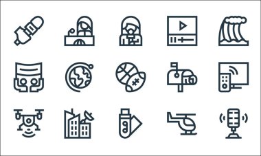 Haber çizgisi simgeleri. Doğrusal küme. Mikrofon, USB, İHA, helikopter, yayın, protesto, posta kutusu, video, haber muhabiri gibi kalite vektör dizileri