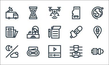 Haber çizgisi simgeleri. Doğrusal küme. Kamera, video, hava durumu, aranıyor, radyo, gazete, mikrofon, hafıza kartı, kum saati gibi kalite vektör dizileri