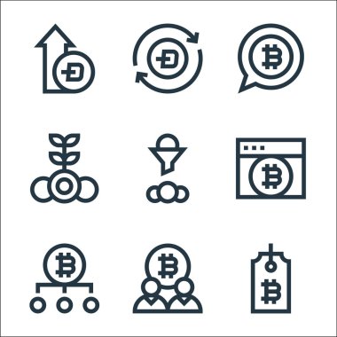 Kripto para birimi çizgisi simgeleri. Doğrusal küme. bitcoin, bitcoin, bitcoin, bitcoin, browser, bitcoins, tire gibi kalite vektör çizgisi