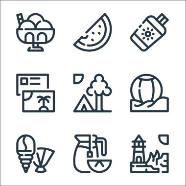 Yaz sezonu simgeleri. Doğrusal küme. Deniz feneri, limon çayı, kabuk, top, kamp, kartpostal, güneş kremi, karpuz gibi kalite vektör dizileri