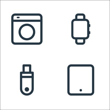 Elektronik ve aygıt hattı simgeleri. Doğrusal küme. Tablet, flash disk, smartwatch gibi kalite vektör çizgisi kümesi