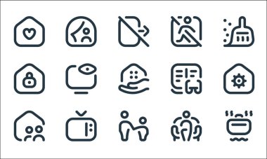 Ev çizgisi simgelerinde kalın. Doğrusal küme. Yemek pişirmek, oynamak, evde kalmak, dinlenmek, bilgisayar ekranı, kilitlenmek, okumak gibi kalite vektör çizgisi kümesi, dışarı çıkmayın, evde kalın