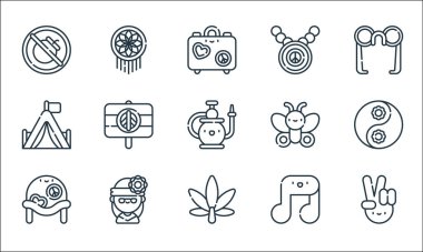 Hippi çizgisi simgeleri. Doğrusal küme. Zafer, esrar, miğfer, müzik notaları, hippiler, kamp çadırı, kelebek, barış, düş kapanı gibi kalite vektör dizileri