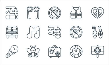 Hippi çizgisi simgeleri. Doğrusal küme. Barış, hippiler, mikrofon, toprak, kelebek, minibüs, silah, yelek, güneş gözlüğü gibi kalite vektör dizileri