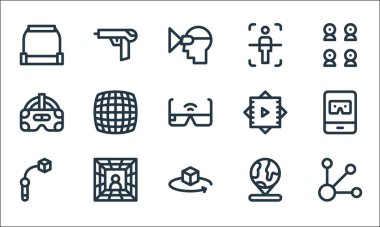 Sanal gerçeklik çizgisi simgeleri. Doğrusal küme. Seçenekler gibi kalite vektör çizgisi seti, algılama, hologram, sanal gerçeklik, vr gözlük, vr, vücut taraması, sanal gerçeklik