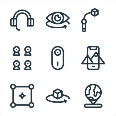 Sanal gerçeklik çizgisi simgeleri. Doğrusal küme. Hologram, seçici, ar, kamera, sensörler gibi kalite vektör çizgisi seti aç, görüntüle