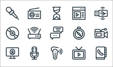 iletişim ve medya hattı simgeleri. Doğrusal küme. İletişim defteri, cep telefonu, monitör, TV, mikrofon, müzik çalar, pusula, tarayıcı, radyo gibi kalite vektör dizileri