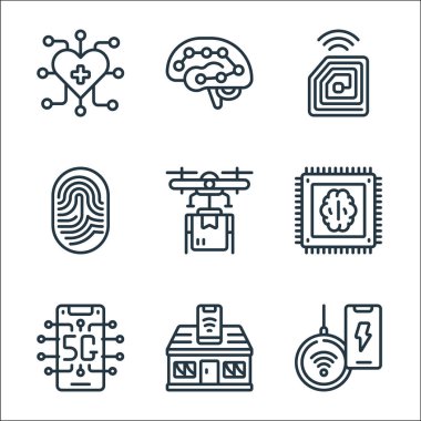 Gelişmekte olan teknoloji çizgisi simgeleri. Doğrusal küme. Kaliteli vektör çizgisi seti, akıllı ev, g, drone dağıtımı, parmak izi, rFid çipi, derin