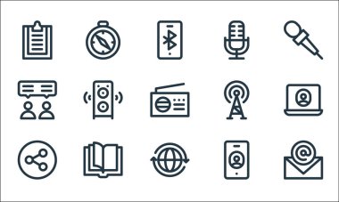 iletişim ve medya hattı simgeleri. Doğrusal küme. E- posta, dünya, paylaşım, akıllı telefon, açık kitap, danışman, radyo anteni, mikrofon, pusula gibi kalite vektör dizileri