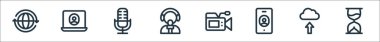 iletişim ve medya hattı simgeleri. Doğrusal küme. Kum saati, yükleme, akıllı telefon, video kamera, haber muhabiri, mikrofon, dizüstü bilgisayar gibi kalite vektör dizileri