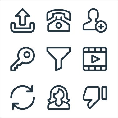 kullanıcı arayüzü satır simgeleri. Doğrusal küme. kalite vektör çizgisi: Hoşlanmamak, kadın, eşzamanlama, film, filtre, anahtar, kullanıcı ekle, telefon