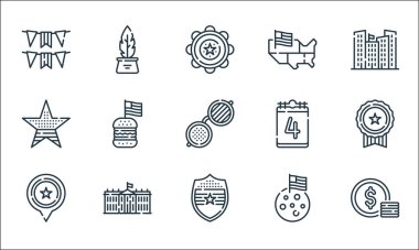 Temmuz ayının simgeleri. Doğrusal küme. Kalite vektör çizgisi dolar, kalkan, ABD, ay, beyaz ev, yıldız, temmuz ayı, ABD, mürekkep hokkası gibi