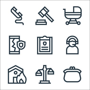 Sigorta çizgisi simgeleri. Doğrusal küme. Para kesesi, denge, yangın, yardım, sigorta, mobil, bebek arabası, adalet gibi kalite vektör çizgisi