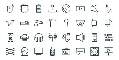 Teknoloji çizgisi simgeleri. Doğrusal küme. Video sunumu, mesaj, telefon, ağ, işlemci, kulaklık, dosyalar, mikrofon, video projeksiyon gibi kalite vektör dizileri