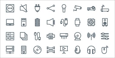 Teknoloji çizgisi simgeleri. Doğrusal küme. Fare, mikrofon, ağ, sunucu, kablo, ses, usb kablo, işlemci gibi kalite vektör dizileri