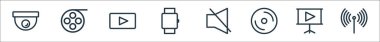 Teknoloji çizgisi simgeleri. Doğrusal küme. Kalite vektör dizisi, video sunumu, disk, sessizlik, saat, oyun, sinema makarası gibi