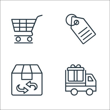 Alışveriş çizgisi simgeleri. Doğrusal küme. Kaliteli vektör çizgisi, teslimat kamyonu, dağıtım kutusu, etiket gibi