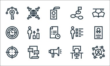 iş satırı simgeleri. Doğrusal küme. Ağ, tanıtım, odaklanma, işyeri, forum, zaman yönetimi, beceriler, yol, uluslararası iş