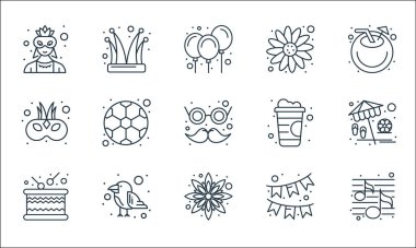 Brezilya karnaval çizgisi simgeleri. Doğrusal küme. Müzik, ayçiçeği, davul, çelenk, papağan, maske, meşrubat, ayçiçeği, soytarı gibi kalite vektör çizgisi