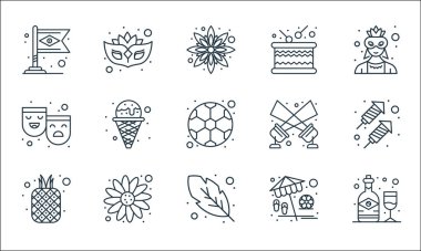 Brezilya karnaval çizgisi simgeleri. Doğrusal küme. Alkol, tüy, ananas, plaj, ayçiçeği, maske, spot ışığı, davul, maske gibi kalite vektör dizileri