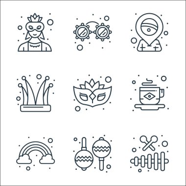 Brezilya karnaval çizgisi simgeleri. Doğrusal küme. Ksilofon, marakas, gökkuşağı, kahve, maske, soytarı, harita, gözlük gibi kalite vektör dizileri