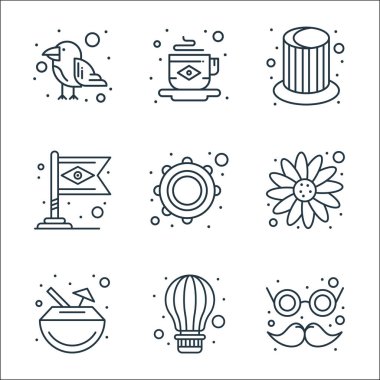 Brezilya karnaval çizgisi simgeleri. Doğrusal küme. Karnaval maskesi, hava balonu, hindistan cevizi, ayçiçeği, tef, Brezilya bayrağı, sihirli şapka, kahve gibi kalite vektör dizileri